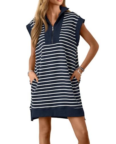 Wenrine Womens Striped Mini Dress Casual Zipper Cap Sleeve Collared V Neck Loose Knit Summer Dresses
