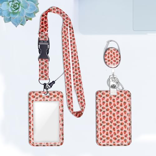 Strawberry ID Badge Holder Badge Reel Lanyards for ID Badges Keychain Vertical Protector Retractable Carabiner Clips Heavy Duty Key Lanyard for Women Doctor Teacher Girls Daughter Office Accessories