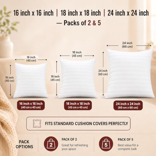 Image of Cloth Fusion Microfiber Sofa Cushion Fillers, White, 24x24 inch, Set of 2 | Satin Striped Soft Cushion, 24 inch x 24 inch Pillow For Sofa, hypoallergenic, Hollow microfibre fill, Fluffs Up in 24 Hrs