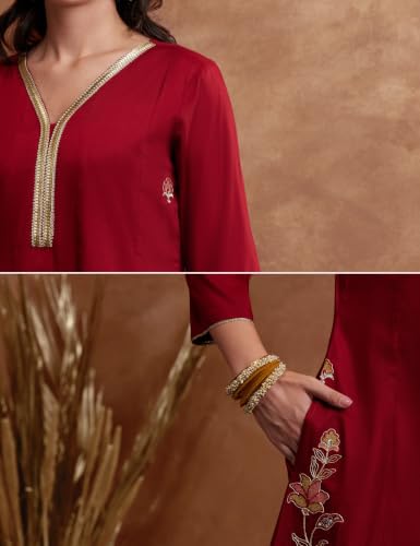 Image of Amazon Brand - Myx Women's Embroidered Kurta Suit Set with Dupatta with Jaquard Dupatta | A-Line Salwar Suit Set (Available in Plus Sizes)