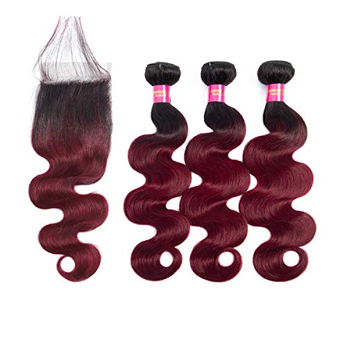 Aigemei Premium Wine Red Body Wave Human Hair Bundles With Closure Easier Making Wig Wavy Human Hair Weave 1B99J(10"12"14"+10"closure)