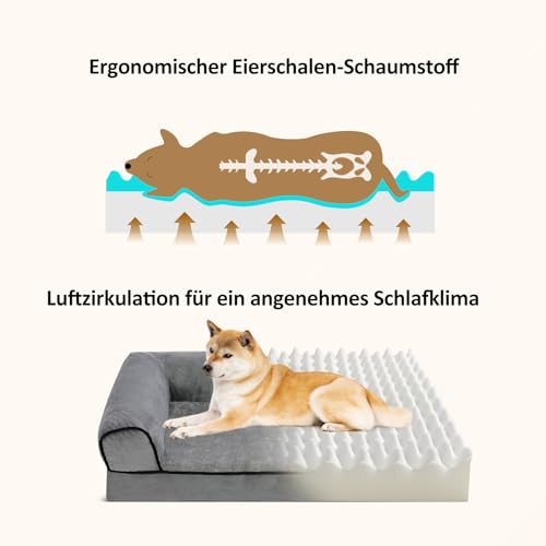 Growaystory Hundebett orthopädisches Hundesofa Hundecouch mit eierförmiger Ergonomischer Kistenschaum waschbar rutschfest (76x51x18CM, 3-seitiger Umrandung)