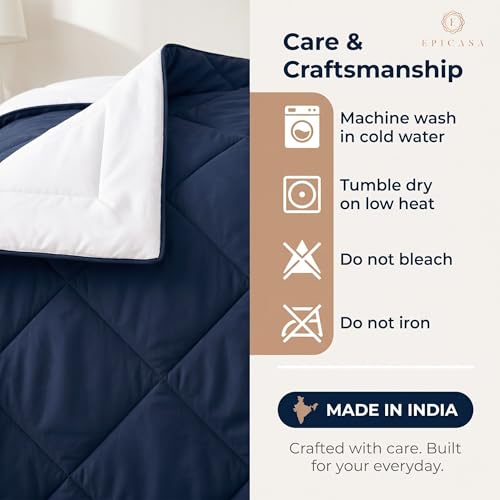 Image of Epicasa Reversible Comforter | 200 GSM Thermal Bonded Fill | 110 GSM Micro Peach Fabric | All Season AC Quilt | Diamond Quilted | Lightweight Duvet Blanket for Home Bedroom | Navy Blue & Pure White