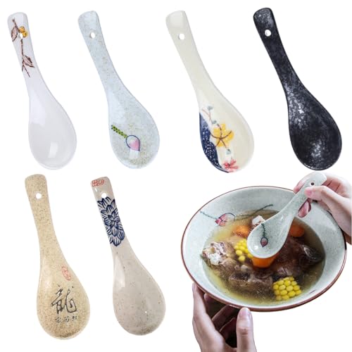 Counius 6 Stück Keramik Suppenlöffel - Retro Muster Ramen Löffel - Asiatische Chinesische Löffel