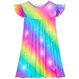 MHJY Girls Nightgowns Flutter Short Sleeves Princess Nightgown Sleepwear Soft Night Dress for Kids Toddler Girls,Rainbow