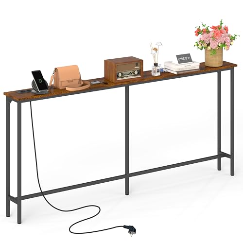 Liink1Ga 1 Pieza Mesa Consola Recibidor de Entrada 180 cm de Ancho con Toma de Corriente, 20 cm de Fondo Mesa Auxiliar para Recibidor/Terraza/Balcón/Sala de Estar, Marrón y Negro/180x20x80 cm