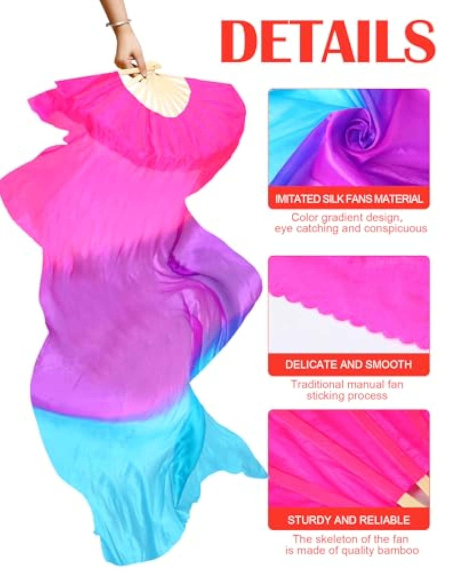 Large Silk Fans for Belly Dance, 4 Pairs