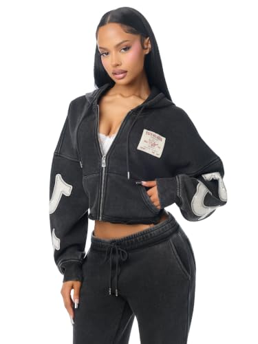 True Religion Women's Applique Wash Cut Hem Zip Hoodie | Jet Black | M