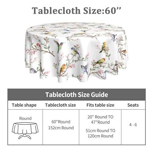JYKCUL Spring Summer Tablecloth Round 60 Inch, Birds Branch Floral Table Cloth Washable Table Cover for Party Picnic Kitchen Dinner Decor by JYKCUL - Used condition - Image 3
