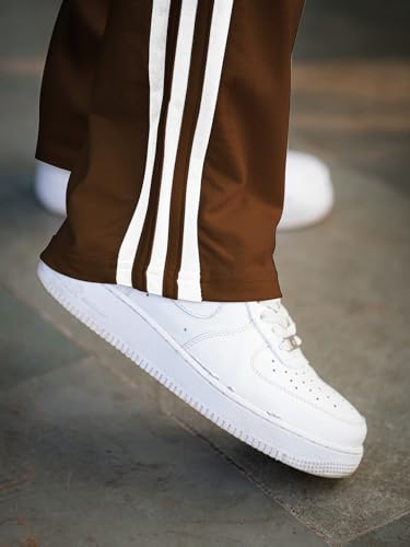 Image of Men's Track Pants with White Side Stripes | 4-Way Lycra Twill Polyester Straight Relaxed Fit Joggers | Mid-Rise Flexi Waist Lounge Bottoms