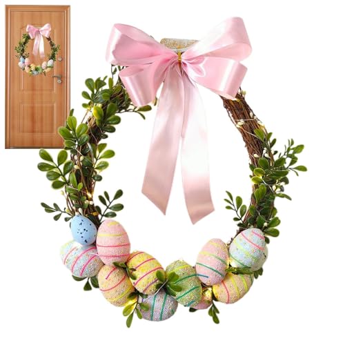 Corona de huevo de Pascua, corona de Pascua - Corona de vacaciones con luz de cuerda LED - Decoración de la ventana de la ventana de primavera de 30 cm/11.8 pulgadas, decoración del perchero de la ven