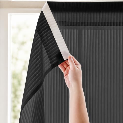 gonnrly Self Adhesive Sheer Curtains, No-Drill Paste-on Semi Sheer Curtains with Clean Draping and Bow Decoration, Light Filtering & Privacy for Windows-Black(W 25*L 41in-2-Panel)