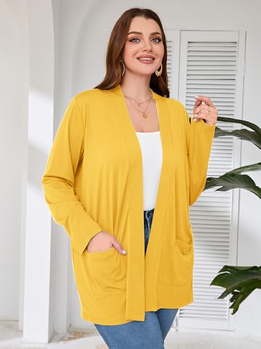 AusLook Women's Plus Size Lightweight Open Front Cardigan Yellow 1X Causal Long Sleeve Cover Ups Shrugs Tops Shawls and Wraps Kimono Jacket Coat — view 5
