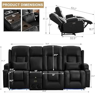 URRED Power Loveseat Recliner Sofa with Massage and Heat, Wall Hugger Reclining Loveseat with Console, RV Couch Home Theater Seating with LED Lights for Living Room (Black, 89.8" - 3 Seats)