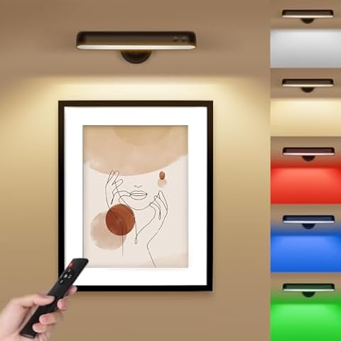 18 Colors Battery Operated Wall Sconce, 7500mAh Wall Mounted Light with Touch and Remote Control, Dimmable and Timer LED Light, 360° Rotate Wireless Picture Light for Bedroom, Living Room, Painting Cover
