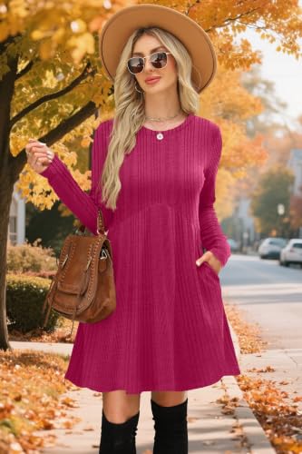 Image of OFEEFAN Long Sleeve Dress for Women Crew Neck Empire Waist Tunic Dress with Pockets
