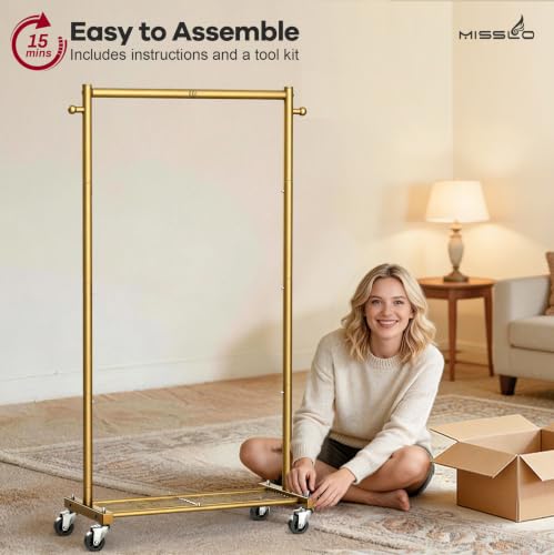 MISSLO Heavy Duty Clothes Racks for Hanging Clothes 25mm Metal Gold Clothing Rack with Shelves for Storage Rolling Garment Rack with Wheels for Bedroom, Laundry, Gold, 28" x 15.5" x 60" by MISSLO - Used condition - Image 4