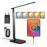 Luminária de Mesa LED com Dupla Alimentação Tomada e USB, 50 LEDs 320Lm, Dimerização Contínua 3000K-6000K, Timer 45min, Toque Sensível, Ideal para Escritório, Estudo e Quarto, Preto