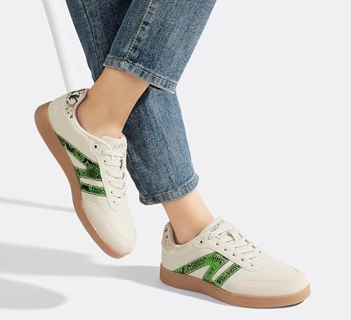 Image of LUCKY STEP Women Retro Gum Sole Fashion Sneakers | Genuine Leather Classic Tennis Skate Walking Shoes Anti Slip Trainers