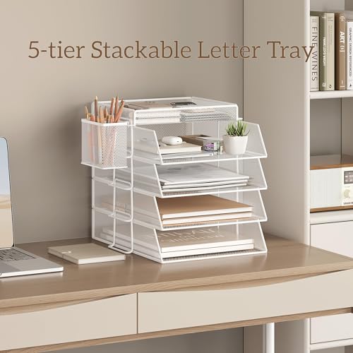 Bandeja apilable de 4 Niveles para Oficina, Organizador de Papeles para Escritorio, bandejas para Archivos, Accesorios para Escritorio de Oficina con Soporte para bolígrafos - Blanc - imagen 7
