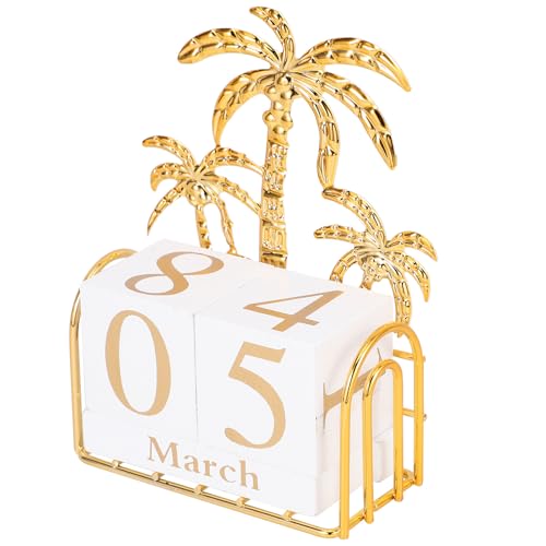 SUPVOX Wooden Block Calendar for Desk Daily Desktop Perpetual Calendar Wood Month Date Display Blocks Farmhouse Desk Accessories for Home Office Decor Reusable Yearly Coconut Tree Design