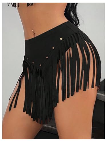 OYOANGLE Women's Beaded Fringe Trim Mini Skirt Suede Low Waist Flared Cowgirl Short Skirts4