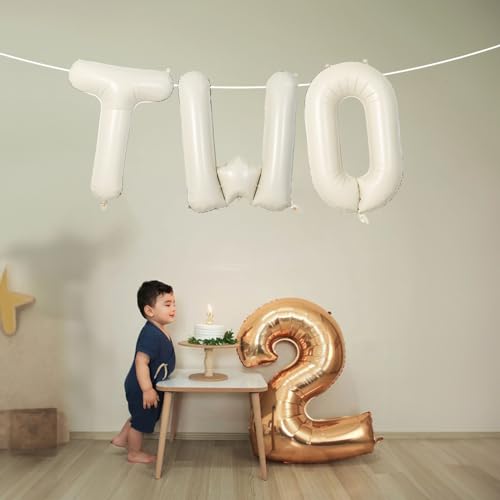 Image of 40 Inch Beige Letter Balloon, Cream White Sand Alphabet With Ribbon for 2 Year Old Birthday, Second Anniversary Party Decorations - Neutral Ivory for Kids, Boys, Girls