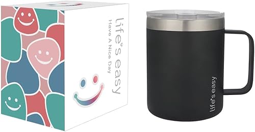 Life's Easy Taza de acero inoxidable de 12 onzas con asa, vaso de viaje aislado de doble pared con tapa abatible, taza térmica para café, agua,