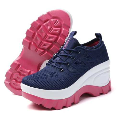 Image of Women's Chunky Platform Comfort Orthopedic Wedge Walking Shoes Fashion Knitted Breathable Lace Up Lug Sole Casual Non-Slip Running Shoes with Arch Support