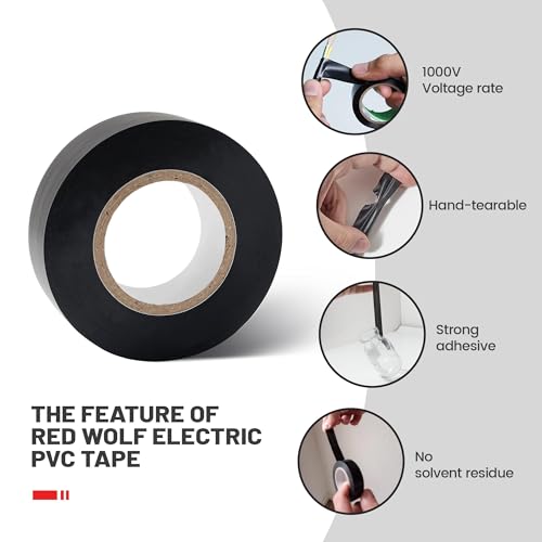 Image of RED WOLF Electrical Tape 10 Rolls 1 /2 inch x 66FT PVC, Acrylates Copolymer Viscosity Flexibility Flame Retardant Electric Tape Waterproof 600 Volt for Auto Engine Insulating Wiring Harness