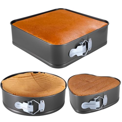 Springform Cake Tins, Springform Baking Trays Non-Stick Cake Pan Carbon Steel Loose Bottom Cheesecake Set Cake Tins, 3PCS Heart-Shaped/Round/Square Baking Pans for Pies/Sponge/Moussecake/Bread