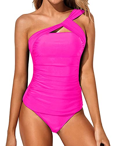 Tempt Me Hot Pink Two Piece Tankini Bathing Suits For Women One Shoulder Swim Top With Shorts Swimsuits L #TOP17