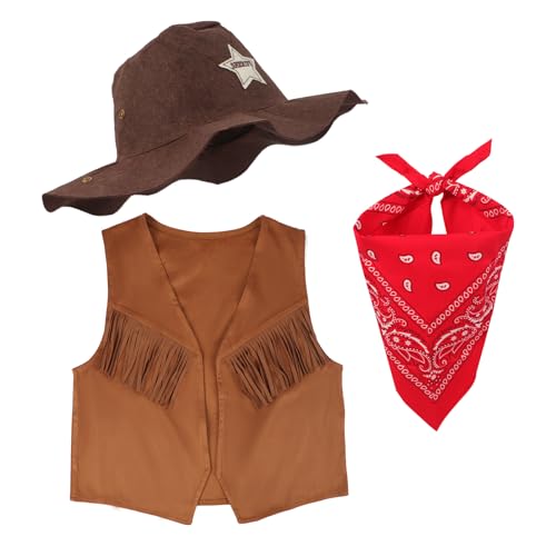 NICEYEA Kinder Cowboy Kostüm Set,Fransenweste mit Halstuch &...