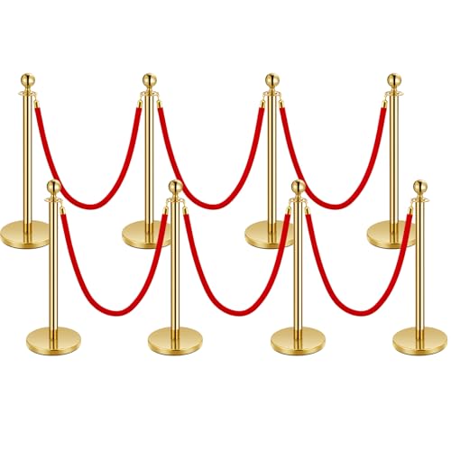 4PCS Gold Stanchion Posts with 5 FT Red Velvet Ropes – Stainless Steel Crowd Control Barriers for Red Carpet Events, Theaters, Parties, Museums – Elegant Velvet Rope Stanchion Set with Fillable Base