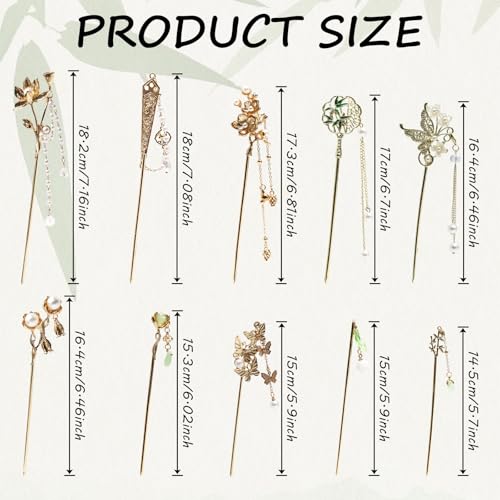 10 peças de palitos de cabelo vintage dourados grampos de cabelo longos de metal com flores de borbo