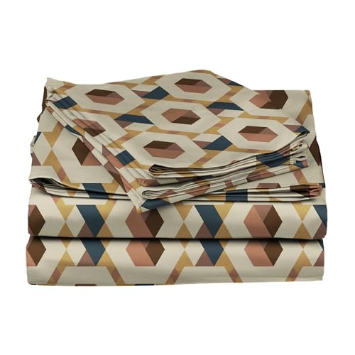 Image of BLISSHOME SoftTouch 150TC Cotton King Size Printed Bedsheet with 2 Pillow Covers for Double Bed, Silky Smooth Bedding Set, Breathable, Easy Maintain, Geometric Pattern - Beige (228cm X 274cm)
