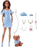 Barbie Twinning Looks Doll with Pet Dog in Matching Blue Polka Dot Clothes and Accessories for Both Like Berets and Purses, Brown Hair