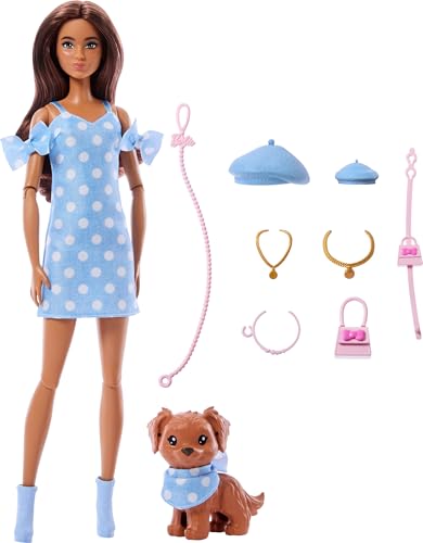 Barbie Twinning Looks Doll with Pet Dog in Matching Blue Polka Dot Clothes and Accessories for Both Like Berets and Purses, Brown Hair