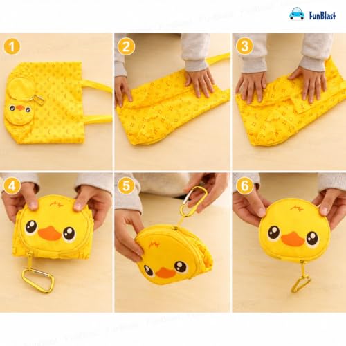 Image of FunBlast Foldable Shopping Bag - Cartoon Design Carry Bag with Zipper Pouch, Foldable Tote Bag for Girls & Women, Multipurpose Reusable Pouch Bags, Lightweight Travel Handbag with Handle Strap (Duck)