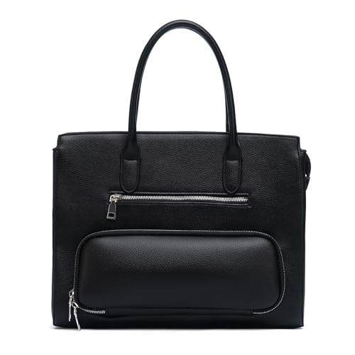 Image of NEWBELLA Women's Vegan Leather Tote Bag with Multiple Pockets and Push-Lock Closure, Black