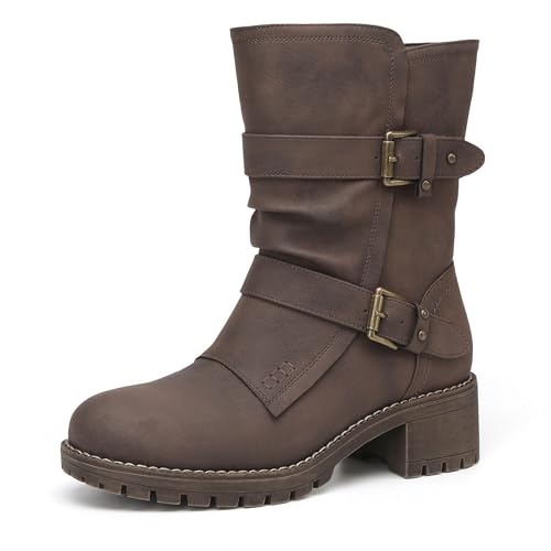 DECARSDZ Women's Motorcycle Boots Mid Calf PU Leather Biker Boots - Stylish Women's Black Brown Riding Boots for Motorcycle, Combat, and Festival