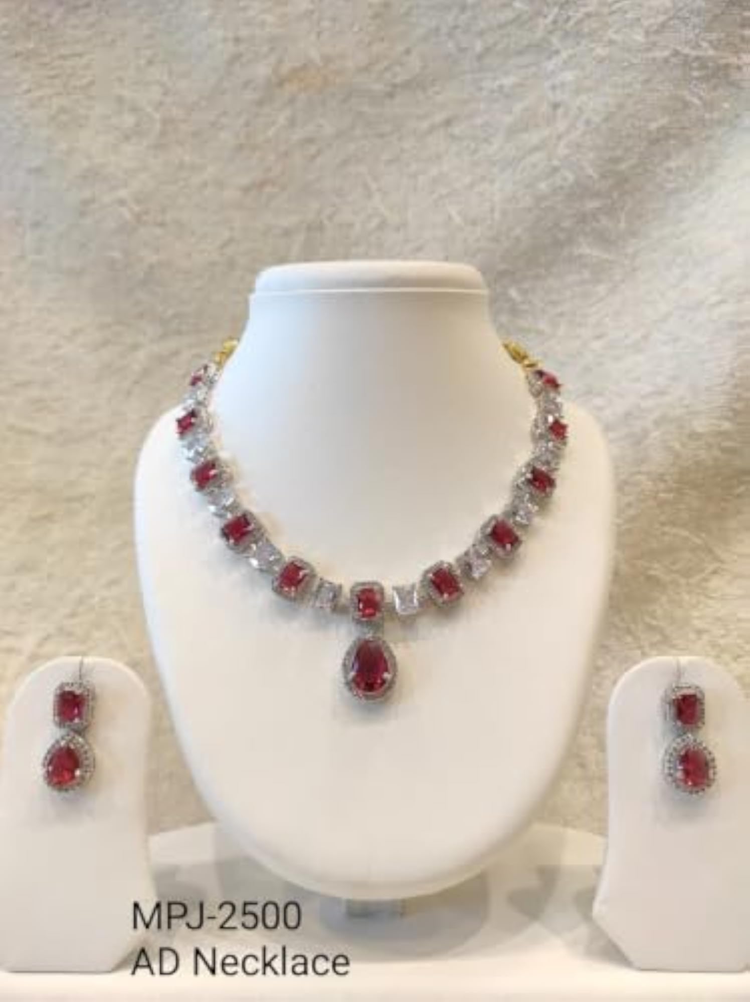 Ruby Red and White Crystal Necklace and Earrings Bridal Set