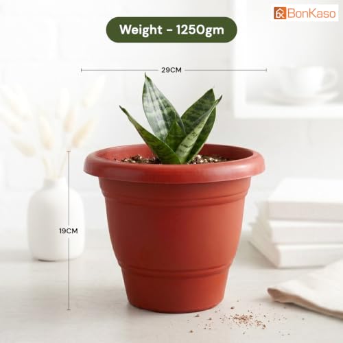 Image of Bonkaso 8 Inch Plant Pots with Drainage Plate (Set of 12, Red) | Heavy Duty Plastic Flower Pots for Indoor & Outdoor Plants | UV Resistant Garden Pots for Balcony, Terrace, Home & Nursery