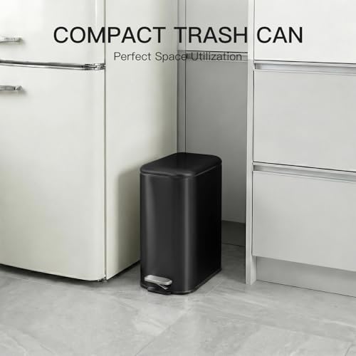 Image of GarveeHome 1.3 Gal Slim Trash Can, Step Garbage Can with Soft-Close Lid, Stainless Steel Recycling Bin Waste Container with Removable Inner Bucket for Kitchen, Bathroom, Office, Black