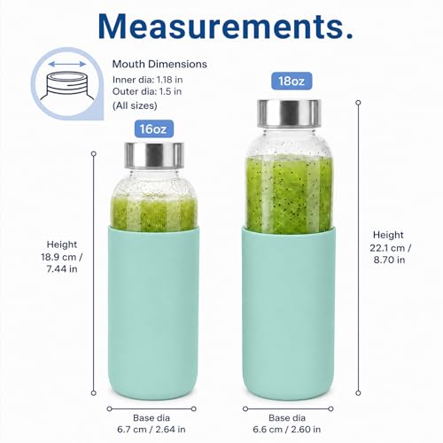 Image of Luxfuel 16 oz Glass Water Bottles 4 Pack with Lids & Silicone Sleeve | Leak Proof Glass Juice Bottles with Stainless Steel Lids for Juicing, Smoothies & Fridge Storage, Reusable, Dishwasher Safe