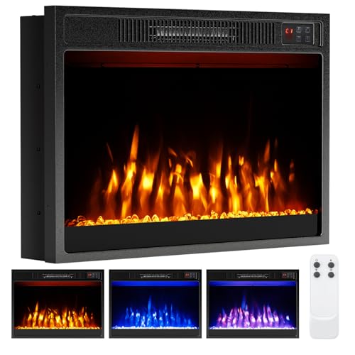 COSTWAY 23”/58cm Electric Fireplace, Recessed Freestanding Fire Heater with 3 Flame Color, 3 Brightness, Thermostat, Timer, Remote Control & Overheat Protection (23”, 750W/1500W, with Crystals)