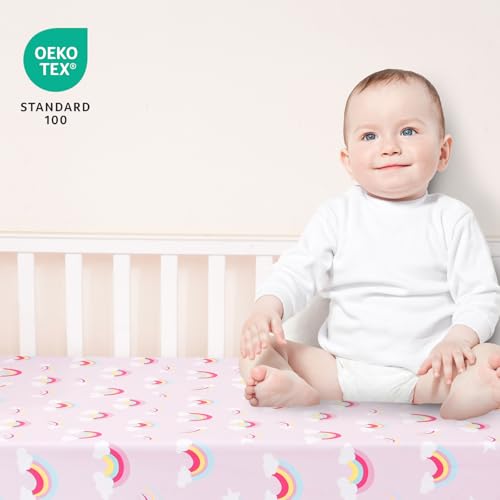 Image of david's kids 3 Pack Fitted Crib Sheets, Ultra Soft Breathable Comfortable Baby Sheet Set for Girls Neutral, 28x52 Inch Fits Standard Crib and Toddler Mattresses, Rainbow