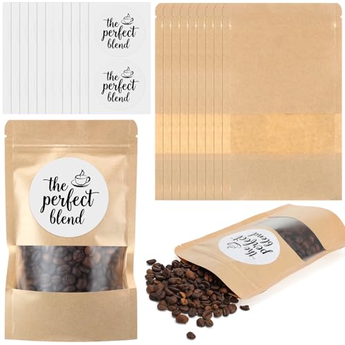 Colarr 50 Sets Wedding Party Favors Bags and The Perfect Blend Stickers Kraft Stand-up Love Is Brewing Coffee Bean Pouches with Clear Windows for Wedding Bridal Shower Anniversary Souvenirs