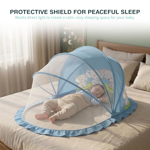 Image of SafeMyles Foldable Baby Mosquito Net,for Bed,Cradle & Mattress|Bottomless & Washable Baby Sleeping Net|Easy to Fold & Carry|Newborns & Infants(0-2 Year)L-90 x W-50 x H-50 cm-Baby Blue Elephant Design