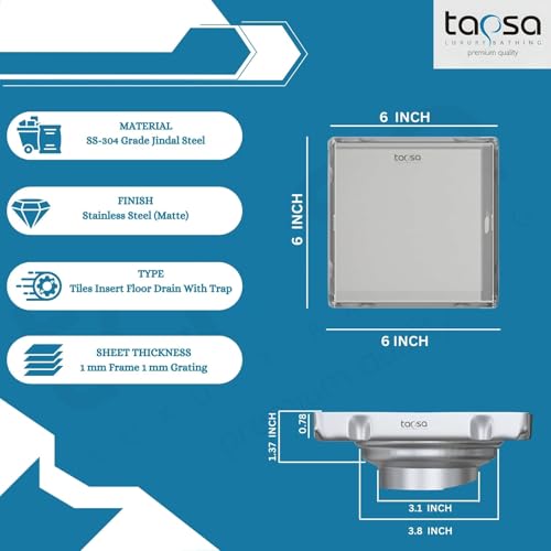 Image of Tapsa Tile Insert Floor Drain | 304 Stainless Steel | Invisible Shower Drain Channel | Shower Drain Channel | Water Drain Channel | with Cockroach Trap. (6X6, SS Matte Tile Insert Floor Drain 20 mm)